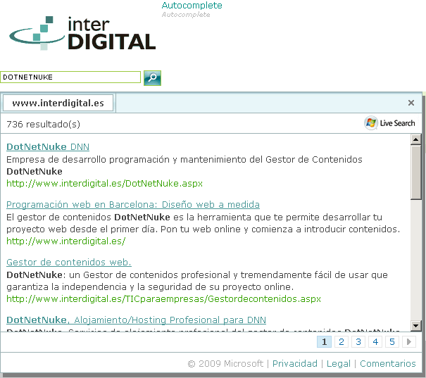 Ejemplo de búsqueda con Live Search con el módulo de DotNetNuke de INTERDIGITAL.es